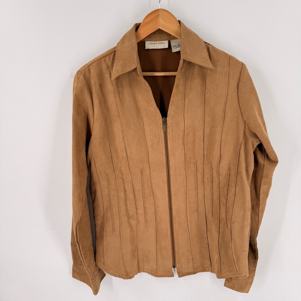 Vintage Lemon Grass Faux Suede Zip Up Jacket Brown Small Western Boho Neutral
